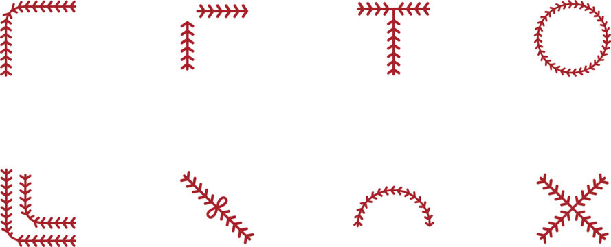 Art & IllustrationBaseball Stitch Vector Elements and Corner Borders Set with Red Seam Stitches Shapes for Sports Graphic Apparel Embroideries and Merchandise Branding Designs