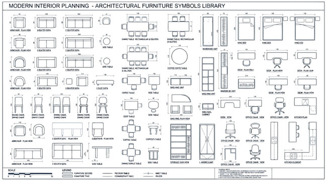 Architectural furniture symbols library for modern interior planning floor plans