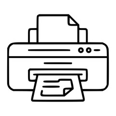 A crisp black and white line art vector icon representing a desktop printer with paper tray and output slot, designed for office software interfaces, tech support documentation, or business toolkits. © SultanaMostaina