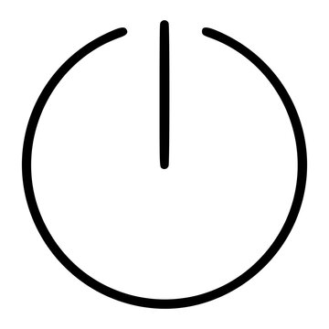 A clean black and white line art vector icon of a circular power button with standby symbol, ideal for electronics interfaces, device startup graphics, or minimalist technology control designs.