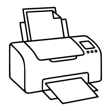 A desktop printer machine with paper tray and control panel is depicted in clean black and white line art vector style, ideal for office software interfaces or technology documentation.
