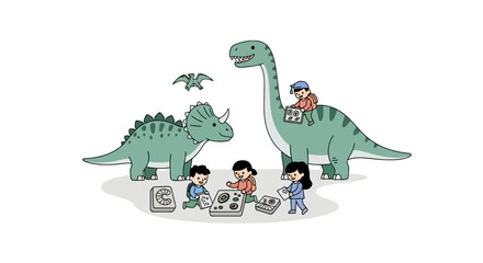 Children studying dinosaurs and fossils in a playful environment © andi