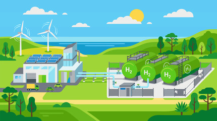 Fototapeta premium Vibrant vector illustration of large green hydrogen storage tanks beside a modern clean renewable energy plant featuring wind turbines solar panels under sunny blue sky in scenic green landscape with
