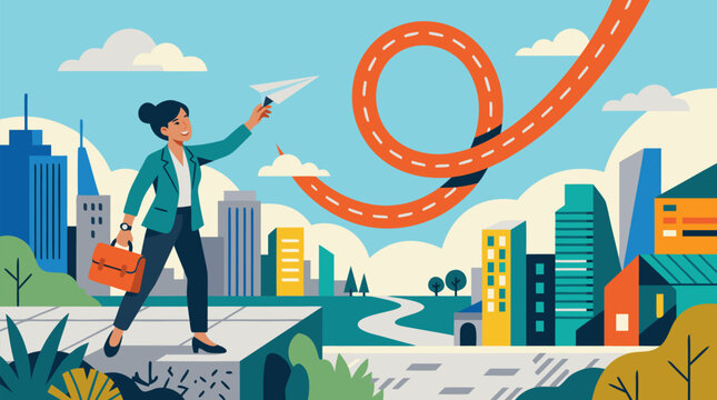 Empowered businesswoman launches creative paper airplane that transforms into ascending winding road symbolizing innovation success growth and forward thinking vision in vibrant modern cityscape