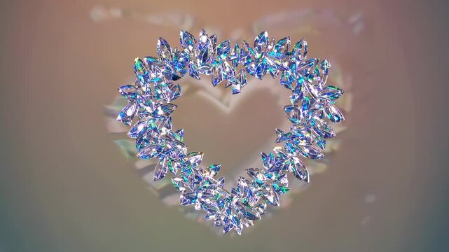 Heart-shaped arrangement of sparkling crystals rotates against a soft gradient background, showcasing vibrant reflections and light play in a visually captivating display