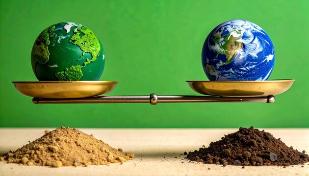 Two globes rest on balance scale above soil, glowing against green backdrop, symbolizing environmental sustainability, global comparison, and the fragile equilibrium of Earth&rsquo;s shared destiny.