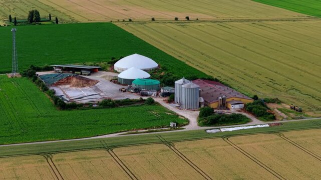 Wide Aerial View of Biogas Plant in Agricultural Farmland