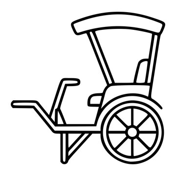 Classic hand-pulled rickshaw cart vector icon with canopy and spoked wheel, traditional transport outline illustration, minimalist scalable SVG for cultural travel and heritage tourism design.