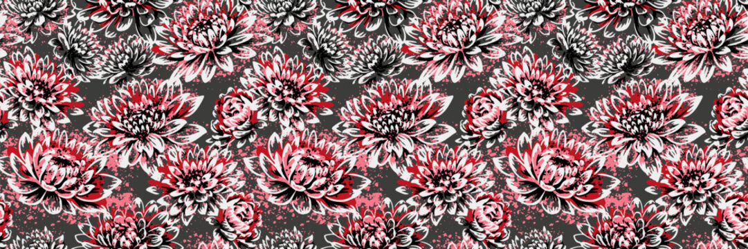 Seamless floral pattern with expressive chrysanthemum blooms in black, white and coral red. Bold botanical design for fabric, wallpaper, wrapping paper, packaging, and decor