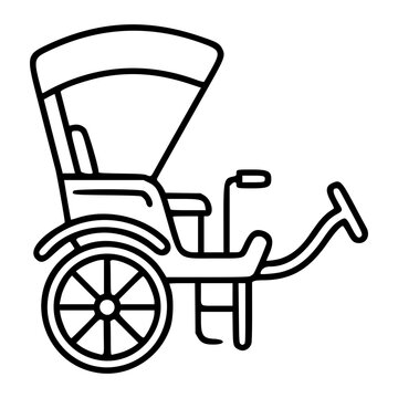 Traditional rickshaw cart vector icon with curved canopy and detailed wheel spokes, elegant hand-traced outline illustration, scalable SVG for Asian transport history and cultural design projects.