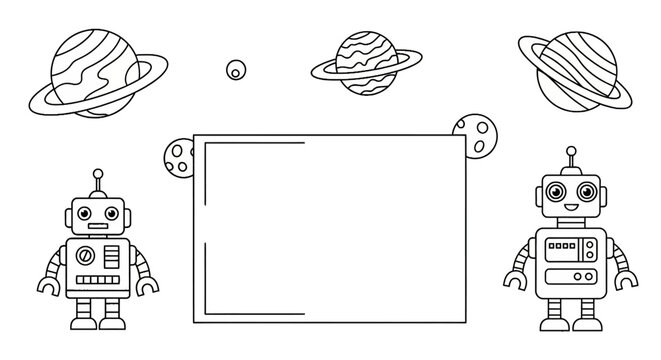Robot and space themed frame for coloring or text