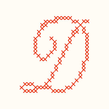 Red cross stitch letter D script typography isolated on white background. A textured cursive embroidery needlework letter for monograms, nursery decor, and handmade textile crafts. Vector illustration
