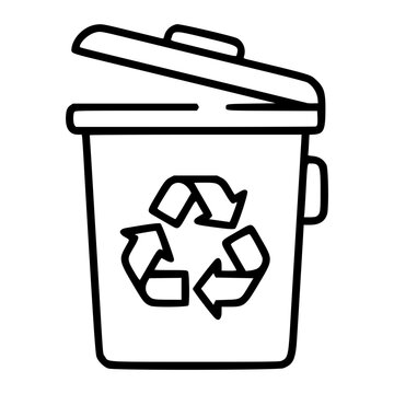 Sleek black and white line art vector icon showing a recycling bin with lid and recycling mark, ideal for eco-conscious brands, municipal services, or green initiative websites.
