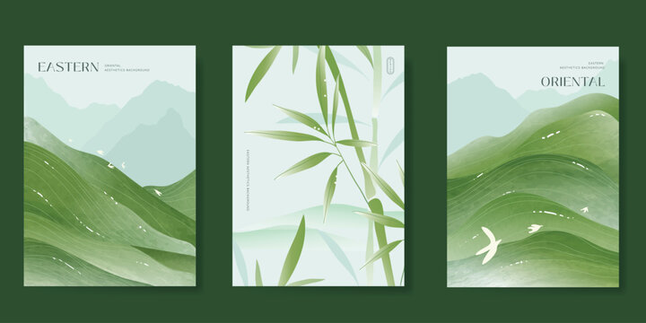 Modern gradient poster background vector set. Minimalist poster summer and spring cover template with green leaf and tree branch. Ideal design for social media, banner, card, ads.