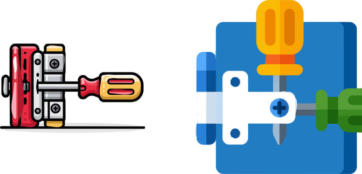 A vibrant flat vector icon depicts a loose cabinet hinge being tightened with a Phillips screwdriver, set against a clean, modern UI style backdrop