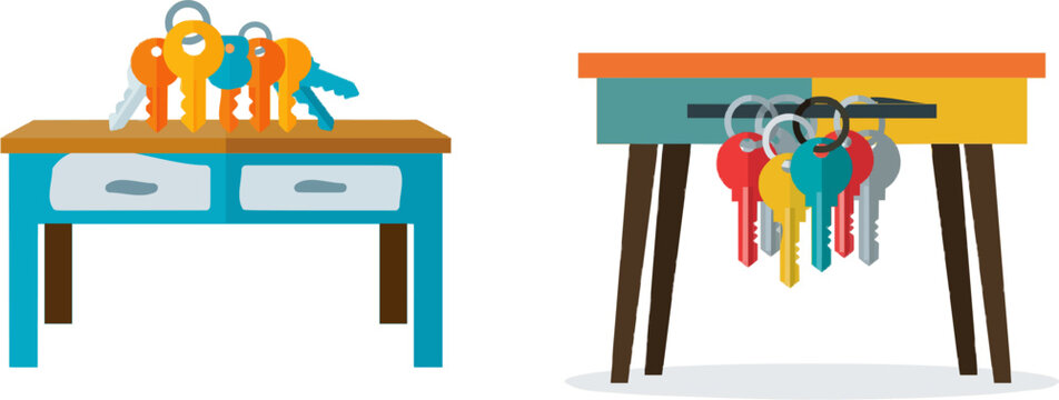 A vibrant icon of colorful keys rests atop a blue desk with two drawers, symbolizing the essence of unlocking potential in modern UI design