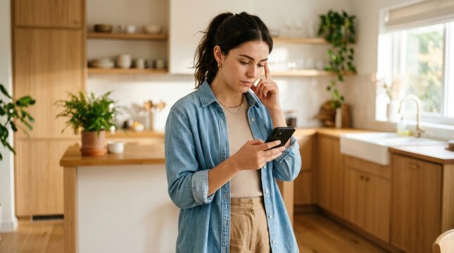 A young woman stands in a modern sunlit kitchen while thoughtfully looking at her smartphone screen
