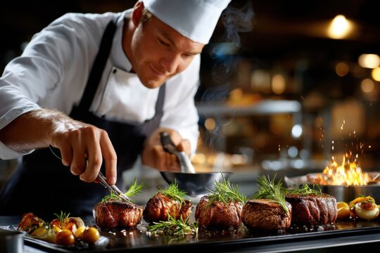 Chef Garnishing Steaks in a Busy Restaurant Kitchen