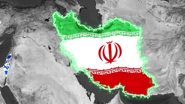 Iran and Israel geopolitical map animation showing conflict motion