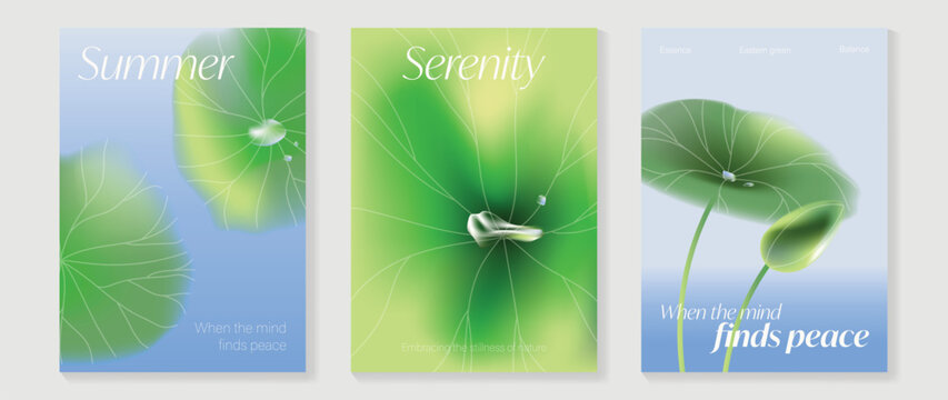 Modern gradient poster background vector set. Minimalist poster summer and spring cover template with green leaf and tree branch. Ideal design for social media, banner, card, ads.