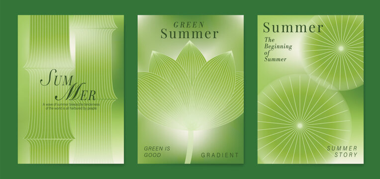 Modern gradient poster background vector set. Minimalist poster summer and spring cover template with green leaf and tree branch. Ideal design for social media, banner, card, ads.