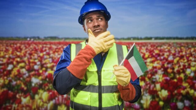 Man holding kuwait flag and pointing index finger up in tulip field, wearing hardhat and safety vest; pride celebration.