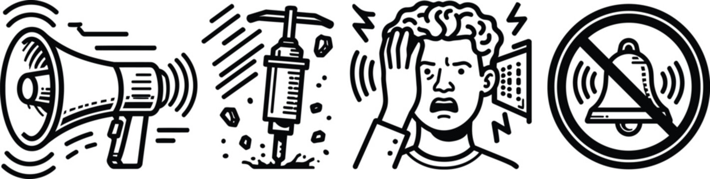 Noise illustration vector showing icons for sound control loudspeaker headache and silence prohibition
