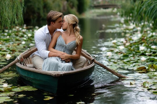 Couple enjoys romantic moment in a boat on a serene waterway surrounded by lilies