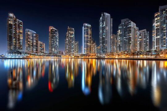 Modern Cityscape with Illuminated Skyscrapers at Night