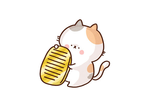 Cute cat holding a shining gold coin tightly