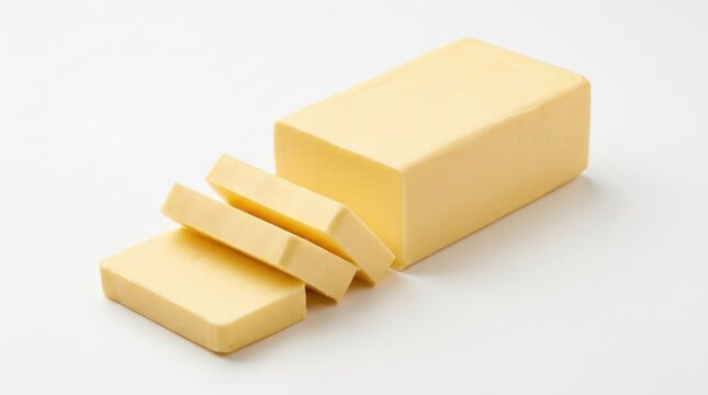 Block of fresh organic butter with several slices cut off from it isolated on white background.
