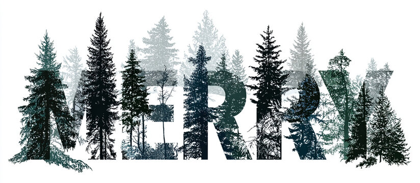 Layered winter forest scene with Merry cut-out lettering isolated on plain background