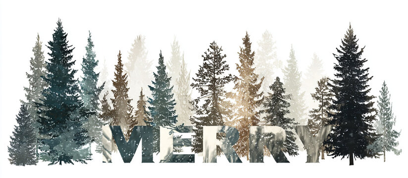 Layered winter forest scene with Merry cut-out lettering isolated on plain background