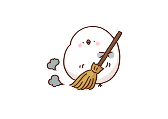 Long-tailed tit sweeping with a small broom, cleaning housework or cute animal helper concept © Chunu