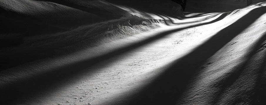 Low snow-surface camera angle, dramatic side lighting casting elongated shadows 32k