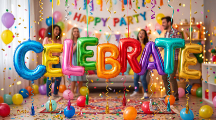 Obraz premium Children celebrating birthday party with colorful balloon letters. Happy kids holding festive sign spelling celebrate in confetti-filled room.