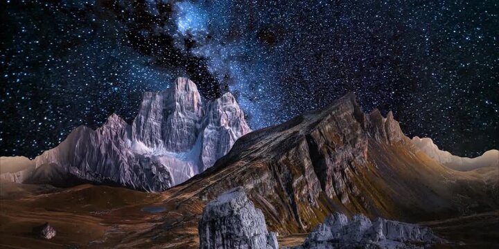 night view of a mountain in the night sky with stars.