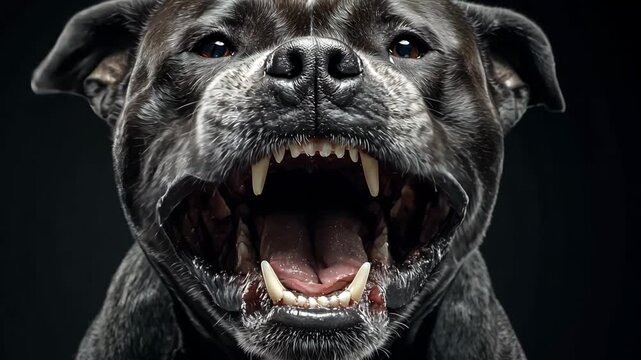 An aggressive dog opens its mouth wide showing teeth and biting in a dark room