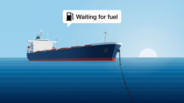 Waiting fuel crisis maritime illustration cargo ship tanker ocean sunrise anchor supply chain delay shortage. Global trade ocean shipping delay. container cargo freight transit, backlog waiting