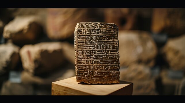 Ancient mesopotamian clay tablet with cuneiform script on display