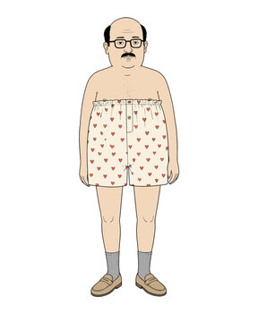 Humorous hand-drawn illustration of a balding man with glasses and a mustache wearing oversized heart-patterned boxer shorts, gray socks, and loafers against a white background.