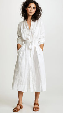 White linen belted shirt dress for summer fashion catalog and clothing product banner background