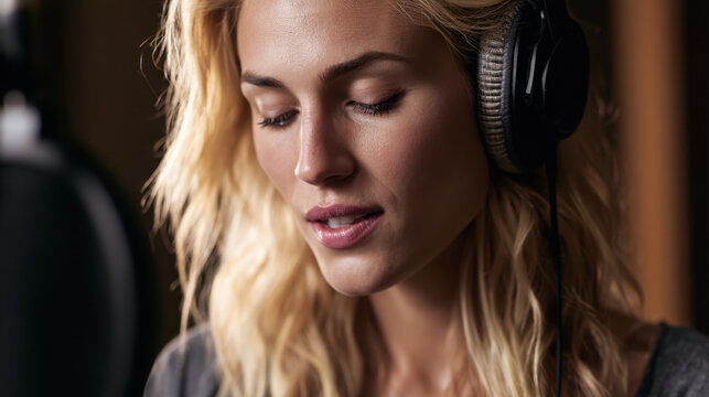 Young woman singing in recording studio with headphones. Jazz Appreciation Month