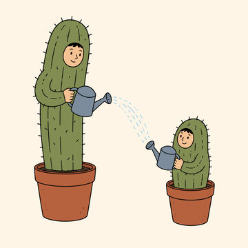 Whimsical cartoon illustration of two people dressed as potted cacti watering each other, symbolizing mutual care, support, personal growth, and reciprocal relationships.
