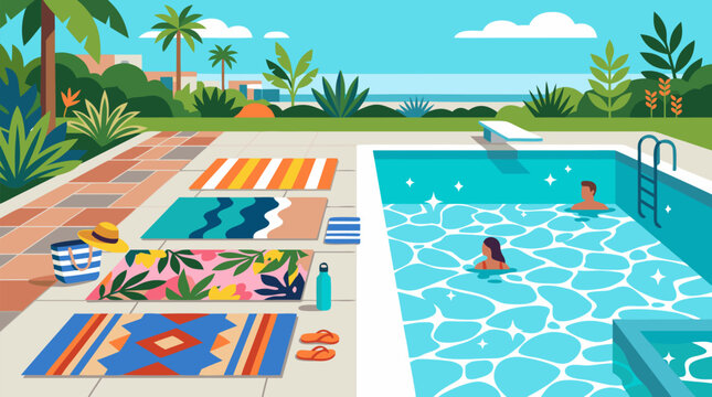 Vibrant Tropical Swimming Pool Vacation Scene with Colorful Patterned Beach Towels, Lush Palm Trees and Relaxing Summer Atmosphere. Luxury Resort Poolside Lifestyle Vector Illustration Featuring