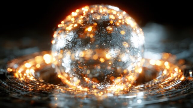 Glowing golden energy orb on reflective dark surface