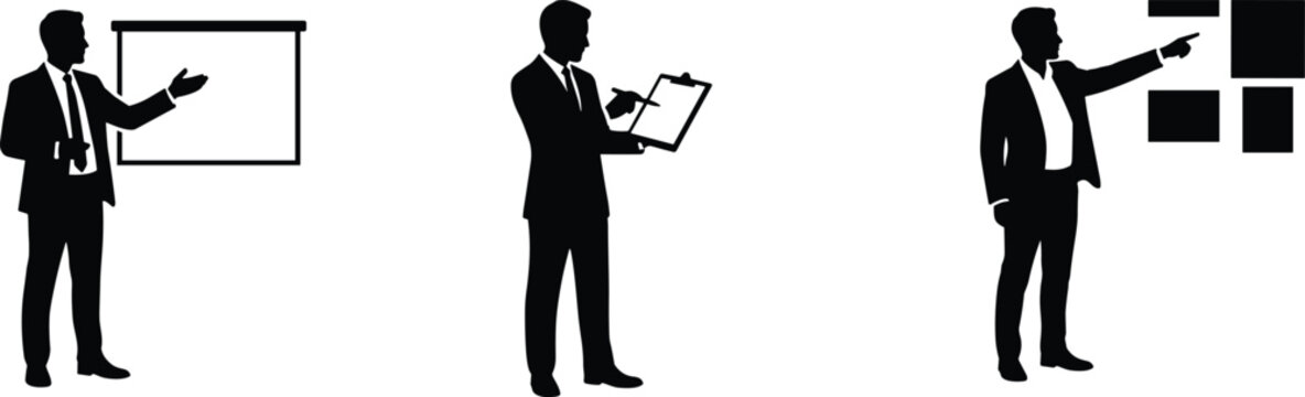 Business Presenter Silhouette Icon Set with Presentation Board Clipboard and Project Planning Concepts