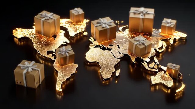 World map with golden gift boxes appearing on different continents representing global delivery and trade