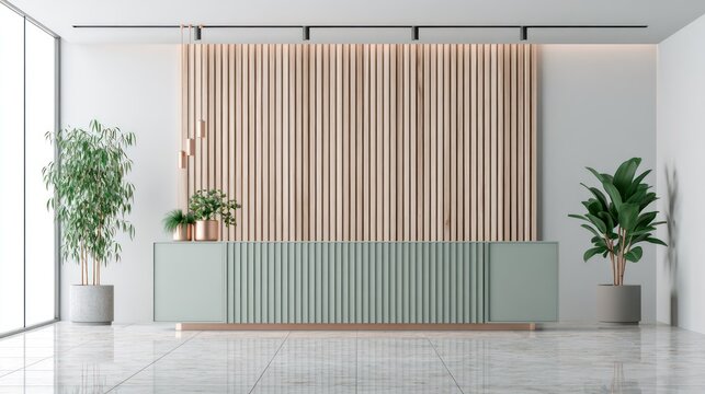 Minimalist modern sideboard against vertical wood slat wall.