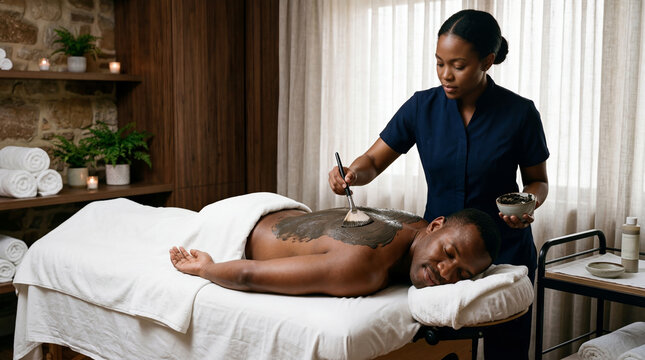 Woman esthetician applying mud mask on back of man lying on massage table. Professional skin treatment and body care in luxury spa center. Wellness relaxation and healthy hygiene.